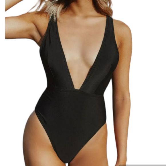 ZAFUL Plunging Neck High Leg One-piece Swimwear Black - Picture 1 of 9